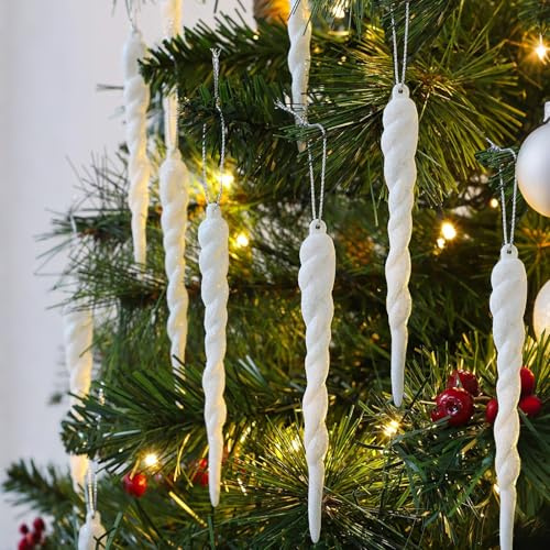 HERZWILD 24pcs eiszapfen christbaumschuck Glitter Weihnachtsbaum Anhänger eiszapfen Weihnachtsbaum Christbaum Anhänger (White-A)