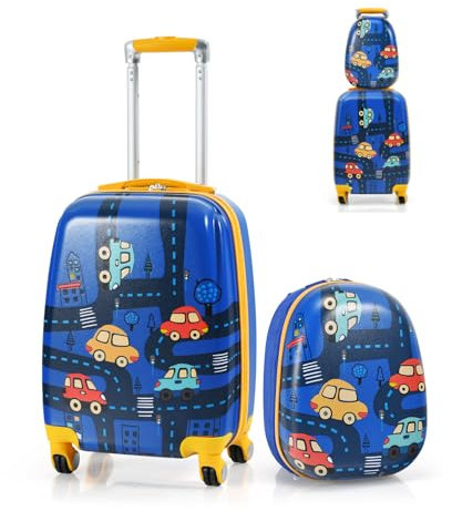 SOARS Kinderkoffer & Rucksack, Kindertrolley mit Rollen & verstellbarem Griff, Koffer Set, Kindergepäck, Reisekoffer Kinder Jungen & Mädchen, für Spielzeug, Kleidung (Auto, 12+18)