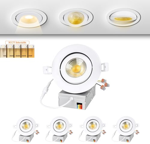 4 Inch Recessed Lighting LED, Gimbal LED Recessed Light with Junction Box, 5 CCT(2700K-6500K) Selectable Spot Lights Indoor Ceiling, 9W 800LM, Dimmable, Airtight, ETL Listed