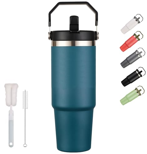 XIXIAMI Travel Mug with Handle 900ml-30oz Insulated Tumbler with Straw & Lid Leakproof Coffee Mug for Hot or Iced Drink |Stainless Steel Thermal Cup-Turquoise Blue