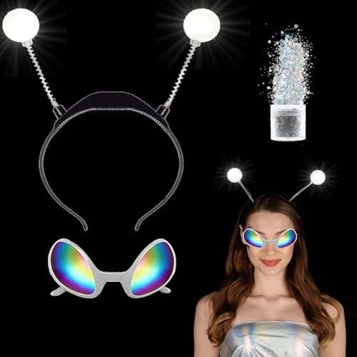 LED Silberrahmen-Farbfolie Alien Haarreif，Alien Kostüm Damen Ancient Aliens Haarreifen Männer，Glitzer Haarreif Sterne Astronaut Kostüm Kinder Für Halloween Karneval Und Maskerade Party (silber)