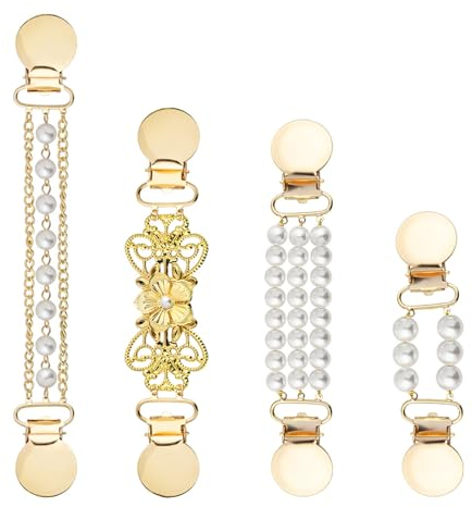 Trsnzul 4 Stück Pullover Schal Clip Vintage Pullover Clips mit Perle Cardigan Clip mit Perle Broschen Clips für Kleidung Schal Kragen Metallclip Kragenclip Strickjacke Clip für Offene Strickjacken