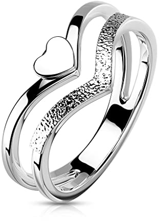 beyoutifulthings Damen-Ring Doppel-Ring Herz Silber Chirurgenstahl 7,5-mm breit Band-Ring Motiv-Ring Herren-Ring 54 (17,2)