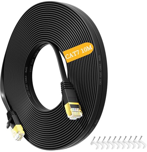 Nowunke LAN Kabel 10meter Cat 7, Netzwerkkabel 10 meter Flach Hochgeschwindigkeits Gigabit Ethernet Kabel - RJ45 STP Schirmung Patchkabel Schwarz InternetKabel für Router, Modem, Switch
