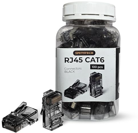 Spetstech RJ45 Connectors 100-Pack Cat 6 non-Through (Cat 6 Ends / Cat6 Plugs / RJ45 Modular Plugs/Ethernet Connectors) for Solid or Stranded UTP Ethernet Cables (100, Black)
