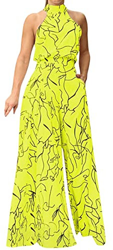 Strampler für Damen, elegant, Hochzeit, Damen-Jumpsuit, Druck, lässiger Strampler, lange Tasche, Spielanzug, Riemen, lockerer Elastan, Yoga-Jumpsuits für Damen, gelb, 42