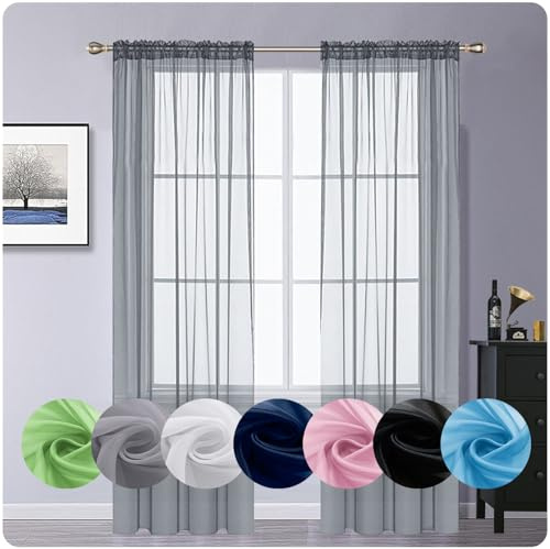 GAIFNAG Vorhänge Wohnzimmer Gardinen 90 x 180 cm Transparent in Leinen-Optik Waschbar in Vielen Bunten Farben Schlaufen Gardinen, Voile Curtains Transparent für Hotels Büros Wohnzimmer, Hellgrau