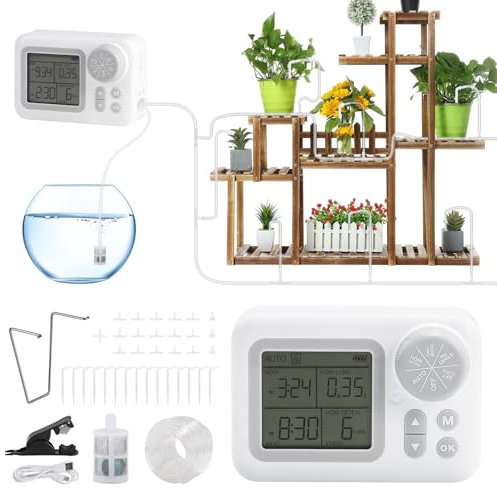 SWAWIS Kit Irrigazione Automatica per Vasi, Sistema di Irrigazione Automatica con 15 Gocciolatore e 10m di Tubo di Irrigazione, Impianto di irrigazione per Balcone Giardino Vacanze