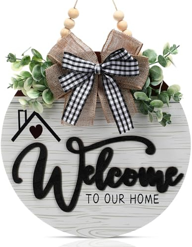 12 Inch 3D Welcome Sign for Front Door- Farmhouse Welcome Door Sign for Front Porch Decor，Wooden Door Decorations Outdoor Hanging Home Signs，Door Wreaths for Front Door Outside All Season