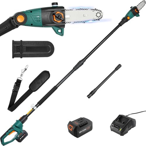 Astschere auf Handstativ, kabellos, Hochentaster, Lithium-Ionen-Akku 20 V, 4,0 Ah, Ladegerät, Klinge 24 cm, Kettengeschwindigkeit 5 m/s, mit Verlängerung von 68 cm & Schultergurt, Kopf um 30 ° neigbar