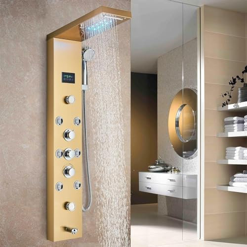 SFSLBFB Gold LED Shower Column Tower Panel. Multiple Function Shower Set. With Rainfall Waterfall Top Shower Head, Massage Jets, Hand Shower and Bath Filler. For Bathroom.