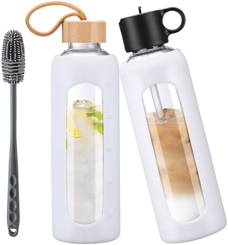 HYDRAGLAZIC 700ml Trinkflasche aus Glas mit 2 Deckeln – Strohhalmdeckel, Bambusdeckel, Glasflasche mit Silikonhülle, Zeitmarkierung, Wasserflasche Glas für Kaltgetränke,Weiß