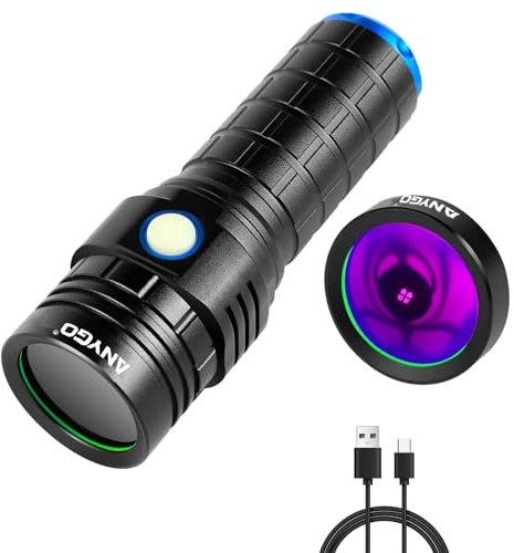 ANYGO 365nm Black Light Flashlight with Black Filter, High Power Rechargeable UV Flashlight, Ultraviolet Bright UV Led Torch for Pet Urine & Bed Bug Detector, Scorpions, Dry Stains, Rock Hunting