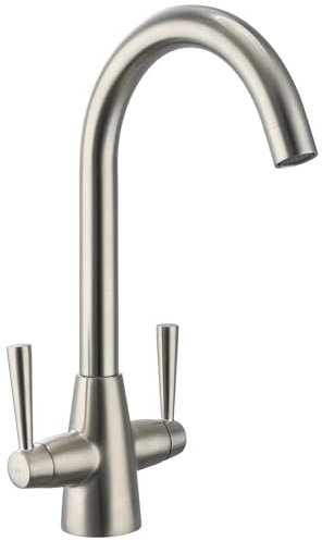 Sistaby Brushed Steel Kitchen Tap Monobloc Kitchen Sink Mixer Taps 1 Hole Dual Lever Swan Neck Brushed Nickel Stainless Steel Mixer Tap for Sink Classic Bar Taps 360° Swivel Spout