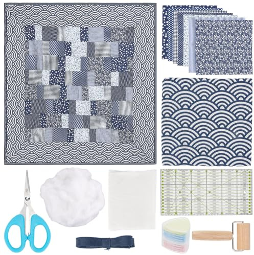 PLIGREAT DIY Quilt Kit for Beginners Blue Fabric Pre-Cut Patchwork Set Complete Quilting Sewing Kit Handmade Quilt Making Supplies for Quilting Lovers