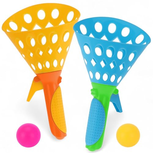 MIJOMA XL Fangball-Spiel Set für Kinder & Erwachsene – 2 Wurf-Fänger & 2 Bälle – Outdoor & Indoor Ballspiel – Spielspaß für 2 Spieler – 27x16x11 cm – buntes Geschicklichkeitsspiel