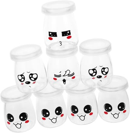 Amosfun Lot de 8 Bouteilles de Yaourt en Verre 100ml, Récipient en Verre pour Pudding, Design Coloré Aléatoire, Réutilisable et Portable, pour Desserts Couleur Aléatoire Style Aléatoire