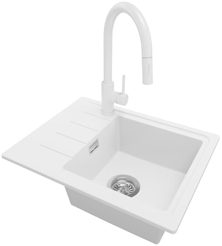 PRIMAGRAN Evier Cuisine en Granit au Meuble 45cm + Robinet, 55x44cm | Set: Robinet BW9010 + Kit de Vidage (Siphon, bonde d’évacuation, trop-plein) + Lavabo 1 Bac - Copenhague Easy, Blanc