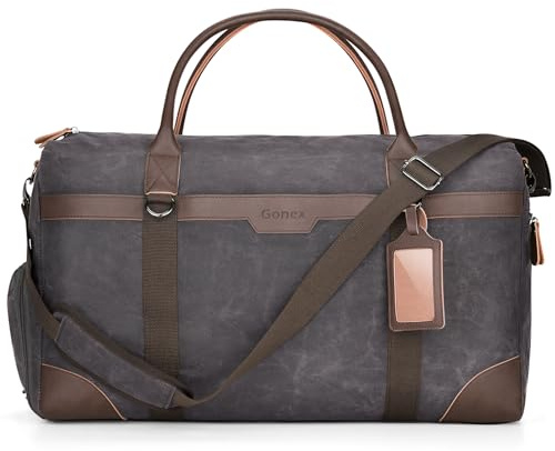 Gonex Gewachstes Canvas Reisetasche 55L Erweiterbar, Weekender Handgepäck | Separates Schuhfach, Spritzwasserfest, Nass‑Trocken‑Fachtasche, Koffergriff‑Hülse, Abnehmbarer Schultergurt, Dunkelgrau