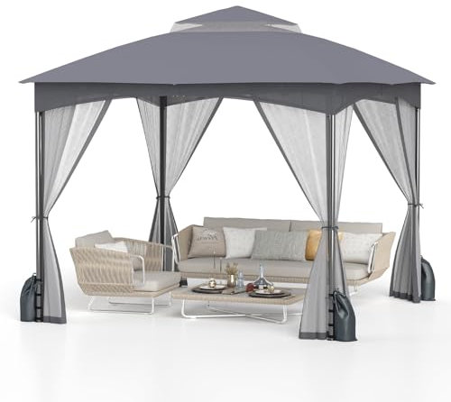 TANGZON 3.6/3 x 3M Outdoor Gazebo, Heavy Duty Metal Frame Garden Gazebo Canopy Tent with 2-Tier Vent Roof & Side Walls, Waterproof Marquee Sunshade Shelter Pavilion (296x296x274 cm, Gray)