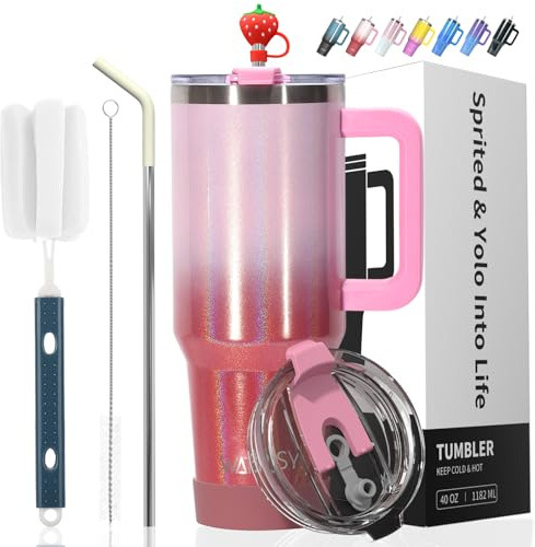 WATERSY Tasse à Café de Voyage de 40oz Avec Couvercle avec Paille et Poignée, en Acier Inoxydable à Double Paroi Isotherme sous vide pour Café Froid et Chaud, 1182 ml, Rouge Brillant