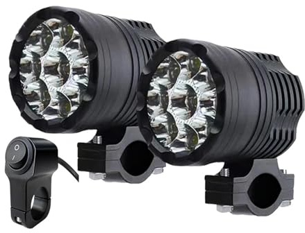 IMAWUHM Phares Phares Auxiliaires À 9 LED Pour Feux Moto 12-80 V Haut/bas/stroboscope Longue Portée Pour Feu Antibrouillard Supplémentaire Pour Moto Motocross Phare(2pcs with Switch B)