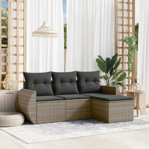 QJBSAVVA 4-TLG. Gartenmöbel Set Grau 55 x 53 x 34 cm Rattan Lounge Eckbank mit Stauraum und waschbaren Kissen Robustes Poly Rattan Modernes Design für Balkon Terrasse und Garten