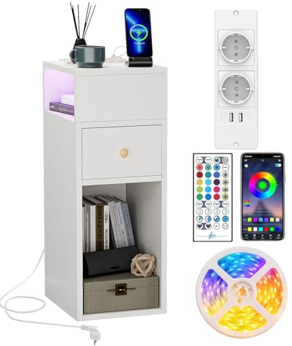 Saitedudu Table de Chevet Étroite avec Station de Charge Table d’Appoint avec Compartiment Latéral Ouvert et Tiroirs 2 AC + 2 USB Table de Nuit pour Chambre à Coucher, Salon