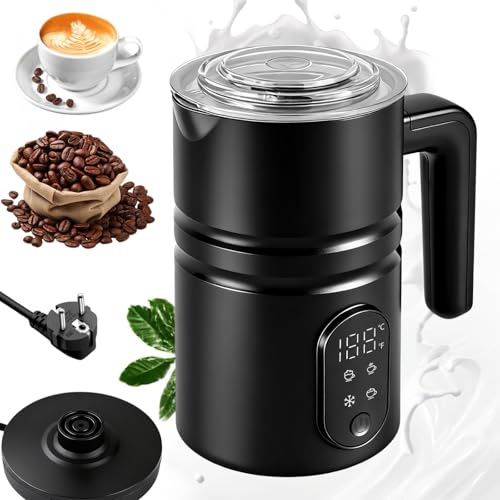 Rankomu Espumador de Leche Eléctrico 5-en-1 con Indicador de Temperatura en Celsius & Fahrenheit, 350ML (Volumen Total), Ayudante de Cocina en Acero Inoxidable 304, Para Cappuccino Latte Chocolate