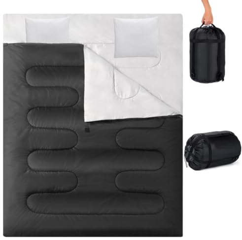 Sacco a pelo doppio, extra large, 3-4 stagioni, leggero, impermeabile, per uso interno ed esterno, per adulti e bambini, sacco a pelo di alta qualità per escursioni, zaino in spalla e campeggio (nero)