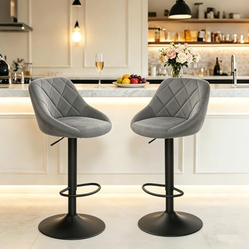 YLGJ&TIDY Barhocker 2er Set, Barhocker Höhenverstell 360° Drehfunktion,Grau | Barhocker mit Samt Gepolsterte, Barstühle mit Rückenlehne & Metallrahmen, Barstuhl für Küche, Bar und Theke