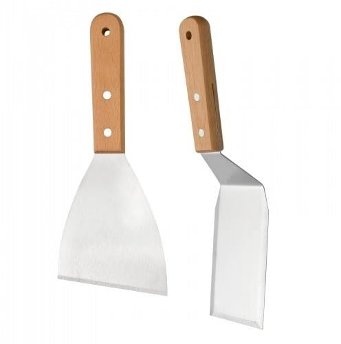 2-Piece Metal Spatula with Wooden Handle, Stainless Steel BBQ Spatula, Heat-Resistant and Rust-Resistant Griddle Scraper for Grilling, Burgers, Frying and Cooking