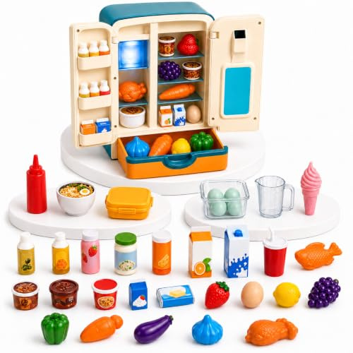Toyana Kitchen Toy Fridge for Kids with 23 PCs Play Food Groceries Set, Mini Refrigerator with Mist Spray, Lights & Music, Realistic Kitchen Appliances Gift Toy for Children 3+ Years