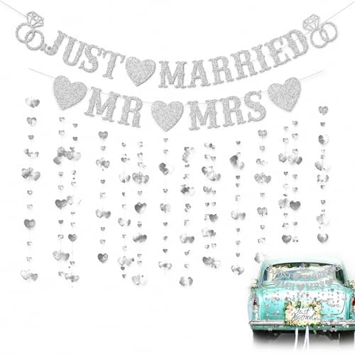 3 Pc Silver Just Married Decor Set, Glitter Heart Banner for Wedding