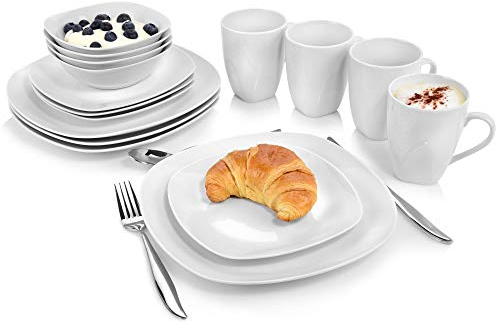 SÄNGER | Kombiservice Bilgola in weiß, 16-teiliges Geschirrset aus Porzellan für 4 Personen, Teller, Tassen, Schalen, Eckiges Design | PREMIUM COLLECTION