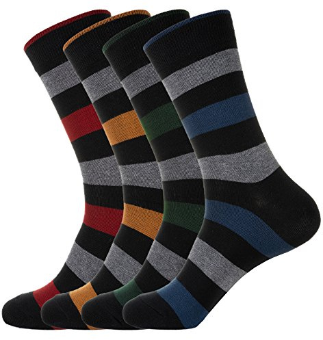 KONY Men's Cotton Dress Crew Socks 4 Pack - Fun Colorful Striped Business Socks Gift for Men, Size 9-12 (Stripe 3-4 Pairs)