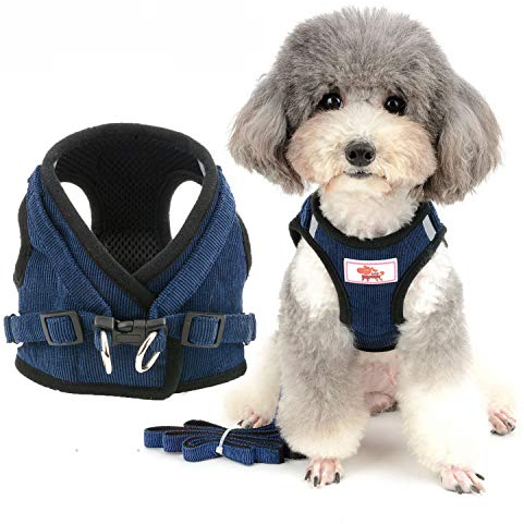 Zunea Small Dog Harness and Lead Sets No Pull Adjustable Reflective Step-in Soft Mesh Corduroy Vest Harnesses for Pet Dogs Puppy Chihuahua Cats Blue S