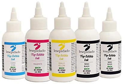 Kit di 5 inchiostri alimentari da 100ml Lesepidado. Per stampanti alimentari Epson. Senza glutine. Magenta, Ciano, Giallo, Nero. Per decorare alimenti mediante tecnologia ink-jet.