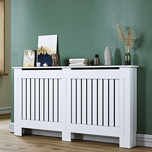 SUNXURY Cubierta para radiador de madera lacada en blanco mate, gran cubierta para radiador, vertical, moderna, 152 x 19 x 81,5 cm