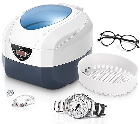 Ultrasonic Cleaner 750ml Jewellery Cleaner Machine Glasses Sonic Cleaner with Cleaning Basket Disk Shelf Clean Jewellery Powder Puff Watches Glasses Dentures Ring Coin