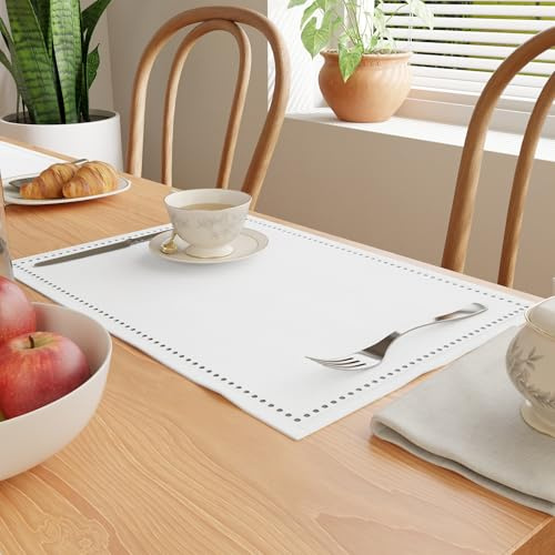 Encasa XO Juegos de Manteles de Mesa Set de 4 | Diseño de Hilo Bordado en Puro Algodón | Blanco | Tamaño Rectangular 48x32 cm - Mantel Individual | Lavable a Máquina