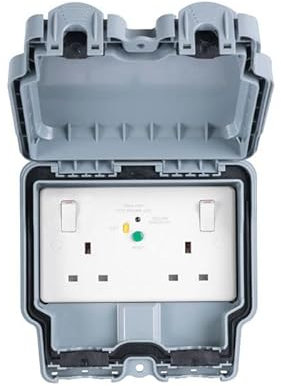 United Electrical Double Weatherproof Outdoor Switched Power Socket with Latching RCD, IP66 Rated, 13 Amp