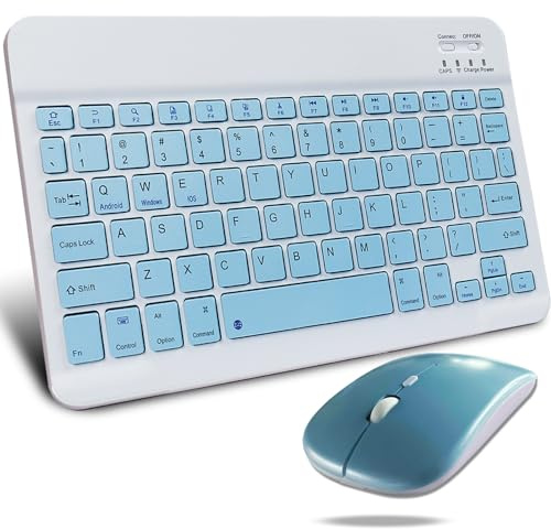 KeautFair Portable Wireless Bluetooth Keyboard and Mouse Set, Cordless Rechargeable QWERTY Layout 10“Ultra Slim Quiet 1200DPI Adjustable travel for Windows/iOS/Android/PC/Laptop/iPad/Smartphone(Blue)
