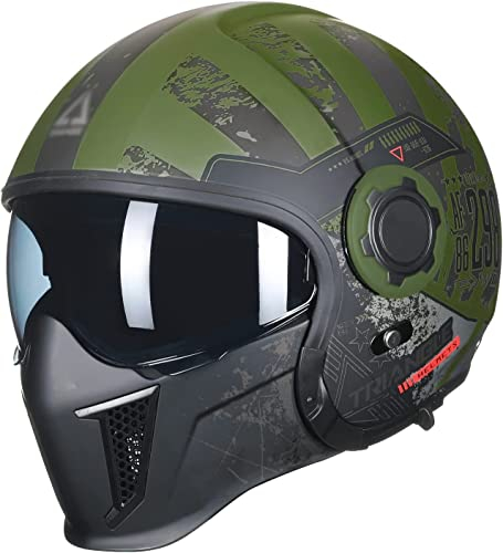 2-in-1-Helm Modularhelm Jethelm Biker Schutzhelm DOT-Zulassung Motorrad-Helm Fullface Helm Motorradhelm mit Abnehmbarem Kinnschutz für Erwachsene Herren Damen E,L