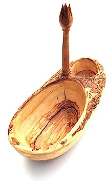 medina mood Juego de 2 cuencos de olivo con picador de olivo en corte natural, longitud 15-20 cm a elegir, cuencos rústicos, cuencos hechos a mano de madera de olivo (grande)