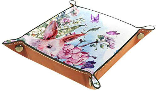 suojapuku Ledertablett,Leder Frohe Ostern Blumen Hase Kaninchen Tablett,Taschenleerer Tablett für Aufbewahrungsschlüssel-Münzen-Schmuckuhr