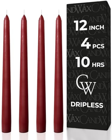 CANDWAX 12 inch Burgundy Taper Candle Pack of 4 - Unscented Smokeless Dripless Candlesticks - Candle Sticks for Party Décor, Christmas Home Decor, Dinner Table Centerpieces - Christmas Taper Candles