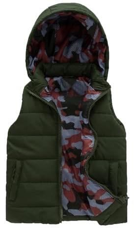 JOYSON Kids Lightweight Padded Gilet Sleeveless Puffer Vest Boys & Girls Quilted Outwear with Hood Army Green Camo 9-10 Years