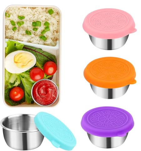 MXTIMWAN 4 Pièces Récipient à Vinaigrette Tasses à Sauce, Récipient à Sauce en Acier Inoxydable avec Couvercle en Silicone, 50ml Petit Récipient à Sauce pour Salades, Condiments