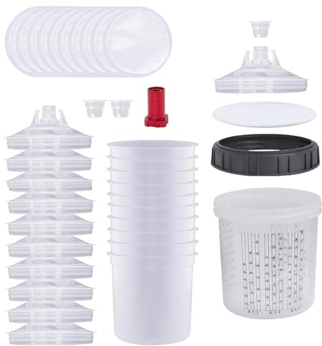 WOOLUCK® Färgspruta blandningskopp, lock och fodersystem med 10 koppinsatser, 10 lock, 10 filter, 1 hård kopp med hållare, 2 kontakter, 1 adapter M16 x 1,5 (600 ml)